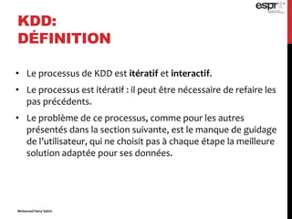 • Le processus de KDD est itératif et interactif.
• Le processus est itératif : il peut être nécessaire de refaire les
pas précédents.
• Le problème de ce processus, comme pour les autres
présentés dans la section suivante, est le manque de guidage
de l’utilisateur, qui ne choisit pas à chaque étape la meilleure
solution adaptée pour ses données.
KDD:
DÉFINITION
Mohamed Heny Selmi
 