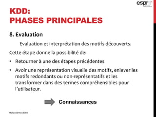 8. Evaluation
Evaluation et interprétation des motifs découverts.
Cette étape donne la possibilité de:
• Retourner à une des étapes précédentes
• Avoir une représentation visuelle des motifs, enlever les
motifs redondants ou non-représentatifs et les
transformer dans des termes compréhensibles pour
l’utilisateur.
KDD:
PHASES PRINCIPALES
Connaissances
Mohamed Heny Selmi
 