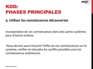 9. Utiliser les connaissances découvertes
Incorporation de ces connaissances dans des autres systèmes
pour d’autres actions.
Nous devons aussi mesurer l’effet de ces connaissances sur le
système, vérifier et résoudre les conflits possibles avec les
connaissances antérieures.
KDD:
PHASES PRINCIPALES
Mohamed Heny Selmi
 