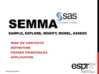 SEMMA
SAMPLE, EXPLORE, MODIFY, MODEL, ASSESS
MISE EN CONTEXTE
DÉFINITION
PHASES PRINCIPALES
APPLICATION
Mohamed Heny Selmi
 