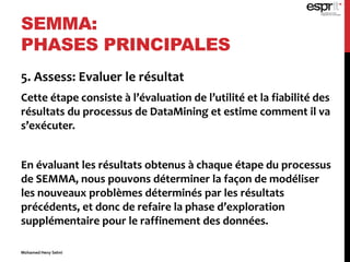 5. Assess: Evaluer le résultat
Cette étape consiste à l’évaluation de l’utilité et la fiabilité des
résultats du processus de DataMining et estime comment il va
s’exécuter.
En évaluant les résultats obtenus à chaque étape du processus
de SEMMA, nous pouvons déterminer la façon de modéliser
les nouveaux problèmes déterminés par les résultats
précédents, et donc de refaire la phase d’exploration
supplémentaire pour le raffinement des données.
SEMMA:
PHASES PRINCIPALES
Mohamed Heny Selmi
 