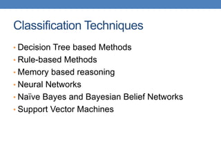 Classification Techniques
• Decision Tree based Methods
• Rule-based Methods
• Memory based reasoning
• Neural Networks
• Naïve Bayes and Bayesian Belief Networks
• Support Vector Machines
 