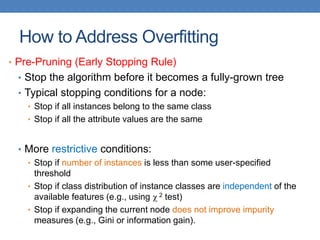 How to Address Overfitting
• Pre-Pruning (Early Stopping Rule)
• Stop the algorithm before it becomes a fully-grown tree
• Typical stopping conditions for a node:
• Stop if all instances belong to the same class
• Stop if all the attribute values are the same
• More restrictive conditions:
• Stop if number of instances is less than some user-specified
threshold
• Stop if class distribution of instance classes are independent of the
available features (e.g., using  2 test)
• Stop if expanding the current node does not improve impurity
measures (e.g., Gini or information gain).
 