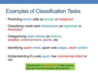 Examples of Classification Tasks
• Predicting tumor cells as benign or malignant
• Classifying credit card transactions as legitimate or
fraudulent
• Categorizing news stories as finance,
weather, entertainment, sports, etc
• Identifying spam email, spam web pages, adult content
• Understanding if a web query has commercial intent or
not
Classification is everywhere in data science
Big data have the answers all questions.
 