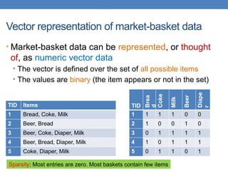 Vector representation of market-basket data
• Market-basket data can be represented, or thought
of, as numeric vector data
• The vector is defined over the set of all possible items
• The values are binary (the item appears or not in the set)
TID Items
1 Bread, Coke, Milk
2 Beer, Bread
3 Beer, Coke, Diaper, Milk
4 Beer, Bread, Diaper, Milk
5 Coke, Diaper, Milk
TID
Brea
d
Coke
Milk
Beer
Diape
r
1 1 1 1 0 0
2 1 0 0 1 0
3 0 1 1 1 1
4 1 0 1 1 1
5 0 1 1 0 1
Sparsity: Most entries are zero. Most baskets contain few items
 