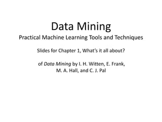 Data Mining
Practical Machine Learning Tools and Techniques
Slides for Chapter 1, What’s it all about?
of Data Mining by I. H. Witten, E. Frank,
M. A. Hall, and C. J. Pal
 