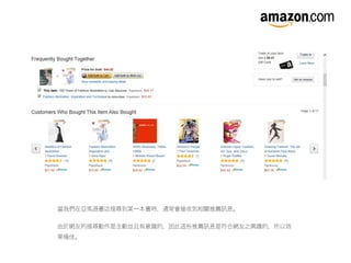 當我們在亞馬遜書店搜尋到某一本書時，通常會接收到相關推薦訊息。
由於網友的搜尋動作是主動並且有意識的，因此這些推薦訊息是符合網友之興趣的，所以效
果極佳。
 