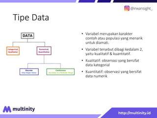 Tipe Data
• Variabel merupakan karakter
contoh atau populasi yang menarik
untuk diamati.
• Variabel tersebut dibagi kedalam 2,
yaitu kualitatif & kuantitatif.
• Kualitatif: observasi yang bersifat
data kategorial
• Kuantitatif: observasi yang bersifat
data numerik
 