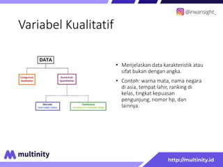 Variabel Kualitatif
• Menjelaskan data karakteristik atau
sifat bukan dengan angka.
• Contoh: warna mata, nama negara
di asia, tempat lahir, ranking di
kelas, tingkat kepuasan
pengunjung, nomor hp, dan
lainnya.
 