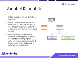 Variabel Kuantitatif
• Dibagi ke dalam 2 jenis, Diskrit dan
Kontinu.
• Diskrit memiliki karakteristik nilai
bulat dan ada batasan antar nilai.
Contoh: jumlah pengunjung mall
dalam satu hari, jumlah mobil yang
terjual
• Kontinu memiliki karakteristik
bertolak belakang dengan diskrit.
Contoh: tekanan angin pada ban,
suhu tubuh orang demam, suhu di
kutub utara, tinggi badan siswa,
pajak yang mesti dibayar
 
