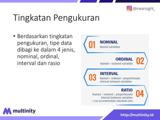 Tingkatan Pengukuran
• Berdasarkan tingkatan
pengukuran, tipe data
dibagi ke dalam 4 jenis,
nominal, ordinal,
interval dan rasio
 