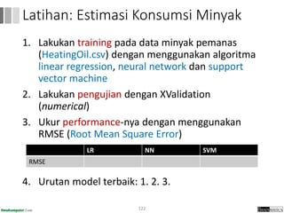 1. Lakukan training pada data minyak pemanas
(HeatingOil.csv) dengan menggunakan algoritma
linear regression, neural network dan support
vector machine
2. Lakukan pengujian dengan XValidation
(numerical)
3. Ukur performance-nya dengan menggunakan
RMSE (Root Mean Square Error)
4. Urutan model terbaik: 1. 2. 3.
122
Latihan: Estimasi Konsumsi Minyak
LR NN SVM
RMSE
 