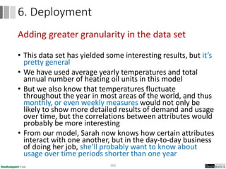 Adding greater granularity in the data set
• This data set has yielded some interesting results, but it’s
pretty general
• We have used average yearly temperatures and total
annual number of heating oil units in this model
• But we also know that temperatures fluctuate
throughout the year in most areas of the world, and thus
monthly, or even weekly measures would not only be
likely to show more detailed results of demand and usage
over time, but the correlations between attributes would
probably be more interesting
• From our model, Sarah now knows how certain attributes
interact with one another, but in the day-to-day business
of doing her job, she’ll probably want to know about
usage over time periods shorter than one year
162
6. Deployment
 