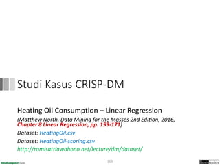 Studi Kasus CRISP-DM
Heating Oil Consumption – Linear Regression
(Matthew North, Data Mining for the Masses 2nd Edition, 2016,
Chapter 8 Linear Regression, pp. 159-171)
Dataset: HeatingOil.csv
Dataset: HeatingOil-scoring.csv
http://romisatriawahono.net/lecture/dm/dataset/
163
 