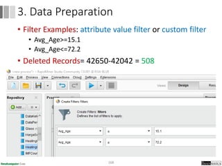 • Filter Examples: attribute value filter or custom filter
• Avg_Age>=15.1
• Avg_Age<=72.2
• Deleted Records= 42650-42042 = 508
168
3. Data Preparation
 