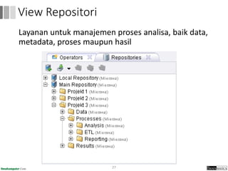 Layanan untuk manajemen proses analisa, baik data,
metadata, proses maupun hasil
27
View Repositori
 