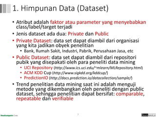 • Atribut adalah faktor atau parameter yang menyebabkan
class/label/target terjadi
• Jenis dataset ada dua: Private dan Public
• Private Dataset: data set dapat diambil dari organisasi
yang kita jadikan obyek penelitian
• Bank, Rumah Sakit, Industri, Pabrik, Perusahaan Jasa, etc
• Public Dataset: data set dapat diambil dari repositori
pubik yang disepakati oleh para peneliti data mining
• UCI Repository (http://www.ics.uci.edu/~mlearn/MLRepository.html)
• ACM KDD Cup (http://www.sigkdd.org/kddcup/)
• PredictionIO (http://docs.prediction.io/datacollection/sample/)
• Trend penelitian data mining saat ini adalah menguji
metode yang dikembangkan oleh peneliti dengan public
dataset, sehingga penelitian dapat bersifat: comparable,
repeatable dan verifiable
7
1. Himpunan Data (Dataset)
 