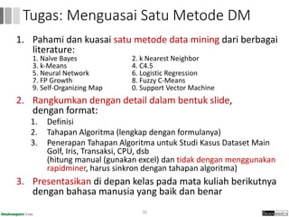 1. Pahami dan kuasai satu metode data mining dari berbagai
literature:
1. Naïve Bayes 2. k Nearest Neighbor
3. k-Means 4. C4.5
5. Neural Network 6. Logistic Regression
7. FP Growth 8. Fuzzy C-Means
9. Self-Organizing Map 0. Support Vector Machine
2. Rangkumkan dengan detail dalam bentuk slide,
dengan format:
1. Definisi
2. Tahapan Algoritma (lengkap dengan formulanya)
3. Penerapan Tahapan Algoritma untuk Studi Kasus Dataset Main
Golf, Iris, Transaksi, CPU, dsb
(hitung manual (gunakan excel) dan tidak dengan menggunakan
rapidminer, harus sinkron dengan tahapan algoritma)
3. Presentasikan di depan kelas pada mata kuliah berikutnya
dengan bahasa manusia yang baik dan benar
70
Tugas: Menguasai Satu Metode DM
 