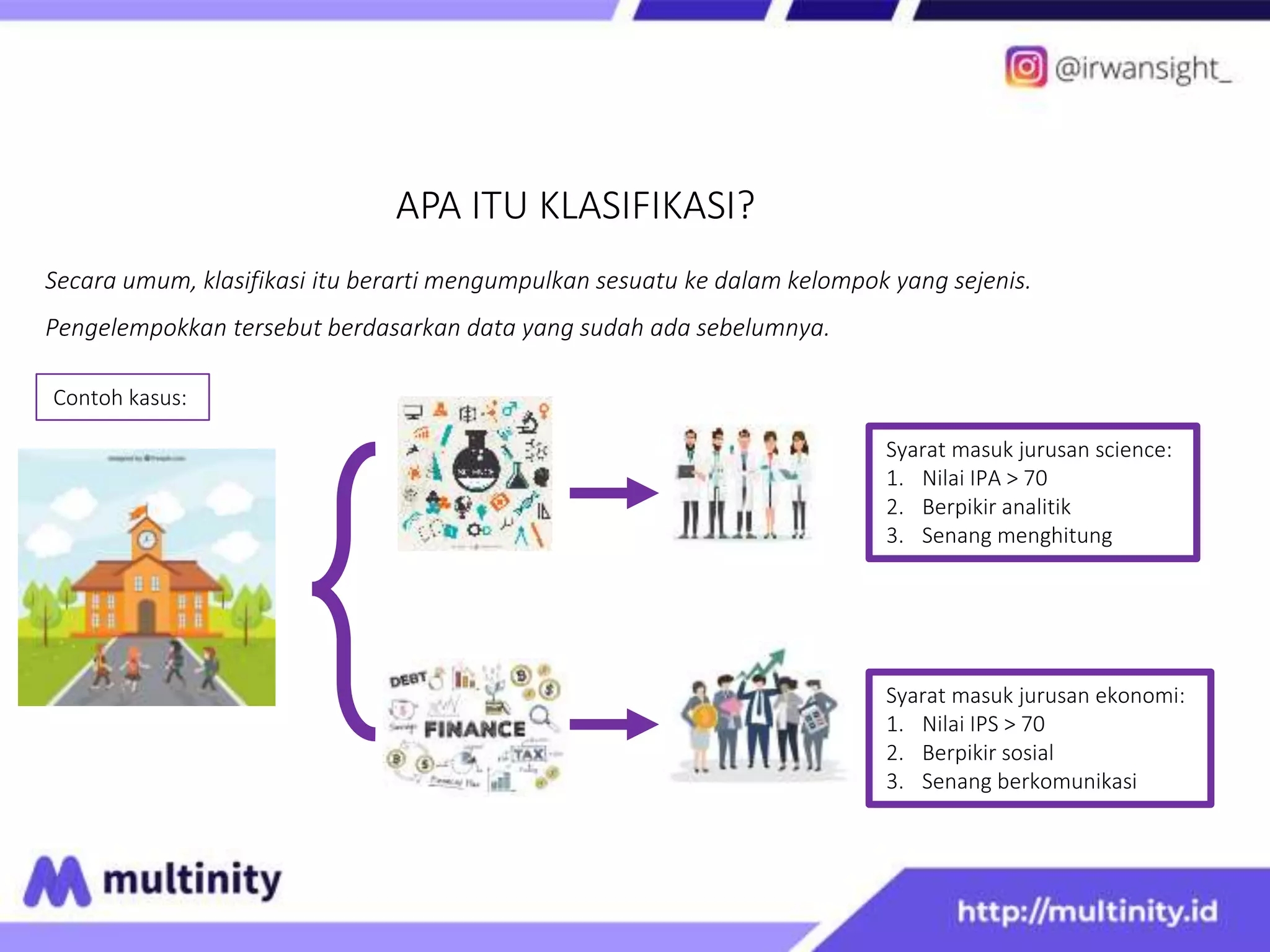 APA ITU KLASIFIKASI?
Secara umum, klasifikasi itu berarti mengumpulkan sesuatu ke dalam kelompok yang sejenis.
Pengelempokkan tersebut berdasarkan data yang sudah ada sebelumnya.
Syarat masuk jurusan science:
1. Nilai IPA > 70
2. Berpikir analitik
3. Senang menghitung
Syarat masuk jurusan ekonomi:
1. Nilai IPS > 70
2. Berpikir sosial
3. Senang berkomunikasi
Contoh kasus:
 