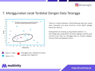 7. Menggunakan Jarak Terdekat Dengan Data Tetangga
Bonus = Tidak
Bonus = Ya
Pelanggan baru. Apakah termasuk
segitiga atau lingkaran?
Teknik ini mudah dilakukan. Ambil beberapa data dari setiap
class, kemudian cari jarak minimum untuk dipilih sebagai
keputusan data uji.
Pada gambar di samping, k yang dipakai adalah k = 3,
Dari ketiga data yang dipilih, ternyata segitiga memiliki jarak
minimum dari data uji. Sehingga data uji menjadi segitiga.
Artinya tidak mendapatkan bonus.
0
50
100
150
200
250
300
350
400
450
500
550
0 50 100 150 200 250 300 350 400 450 500 550
BLOK
PANGGILAN
Pilih beberapa data dari setiap class yang terdekat dengan data uji.
Jarak minimum yang dipilih sebagai keputusan untuk data uji
 