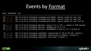 Events by Format
count smallpunct raw
------------------------------------------------------------------------------------------------
 637 __::__(    Mar 10 16:50:02 willLaptop crond(pam_unix)[9639]: session closed for user root
 637 __::__(    Mar 10 16:50:01 willLaptop crond(pam_unix)[9638]: session closed for user root
 637 __::__(    Mar 10 16:50:01 willLaptop crond(pam_unix)[9639]: session opened for user root by …

367 __::__:    Mar 10 15:30:25 willLaptop dhclient: bound to 10.1.1.194 -- renewal in 5788 seconds.
367 __::__:    Mar 10 15:30:25 willLaptop dhclient: DHCPACK from 10.1.1.50
367 __::__:    Mar 10 15:30:25 willLaptop dhclient: DHCPREQUEST on eth0 to 10.1.1.50 port 67

 57 __::__[    Mar 10 16:46:32 willLaptop ntpd[2544]: synchronized to 138.23.180.126, stratum 2
 57 __::__[    Mar 10 16:46:27 willLaptop ntpd[2544]: synchronized to LOCAL(0), stratum 10
 57 __::__[    Mar 10 16:42:09 willLaptop ntpd[2544]: time reset -0.236567 s




                                                                                                  17
 