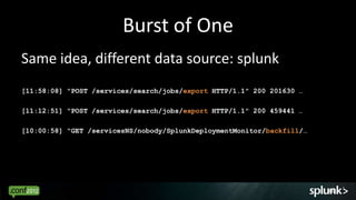 Burst of One
Same idea, different data source: splunk
[11:58:08] "POST /services/search/jobs/export HTTP/1.1" 200 201630 …

[11:12:51] "POST /services/search/jobs/export HTTP/1.1" 200 459441 …

[10:00:58] "GET /servicesNS/nobody/SplunkDeploymentMonitor/backfill/…




                                                                        46
 