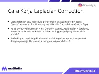 Cara Kerja Laplacian Correction
• Menambahkan satu tupel pura-pura dengan kelas Lama Studi = Tepat.
Kenapa? Karena probabilitas yang memiliki nilai 0 adalah Lama Studi = Tepat.
• Ada 5 atribut yaitu Jurusan = IPS, Gender = Wanita, Asal Sekolah = Surakarta,
Rerata SKS = SKS <= 18, Asisten = Tidak. Sehingga tupel yang ditambahkan
adalah 5.
• Perlu diingat, tupel yang kita buat ini adalah tupel pura-pura, cukup untuk
dibayangkan saja. Hanya untuk menghindari probabilitas 0.
 
