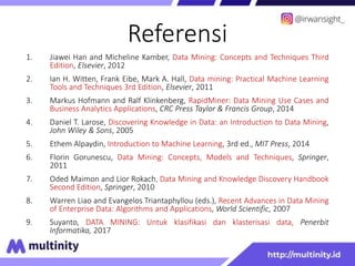 Referensi
1. Jiawei Han and Micheline Kamber, Data Mining: Concepts and Techniques Third
Edition, Elsevier, 2012
2. Ian H. Witten, Frank Eibe, Mark A. Hall, Data mining: Practical Machine Learning
Tools and Techniques 3rd Edition, Elsevier, 2011
3. Markus Hofmann and Ralf Klinkenberg, RapidMiner: Data Mining Use Cases and
Business Analytics Applications, CRC Press Taylor & Francis Group, 2014
4. Daniel T. Larose, Discovering Knowledge in Data: an Introduction to Data Mining,
John Wiley & Sons, 2005
5. Ethem Alpaydin, Introduction to Machine Learning, 3rd ed., MIT Press, 2014
6. Florin Gorunescu, Data Mining: Concepts, Models and Techniques, Springer,
2011
7. Oded Maimon and Lior Rokach, Data Mining and Knowledge Discovery Handbook
Second Edition, Springer, 2010
8. Warren Liao and Evangelos Triantaphyllou (eds.), Recent Advances in Data Mining
of Enterprise Data: Algorithms and Applications, World Scientific, 2007
9. Suyanto, DATA MINING: Untuk klasifikasi dan klasterisasi data, Penerbit
Informatika, 2017
 