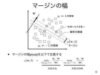 •       ρ(w,b)
                         xi · w              xi · w
    ρ(w, b) =   min             − max
              {xi |yi =1} |w|    {xi |yi =−1} |w|



                                                      12
 