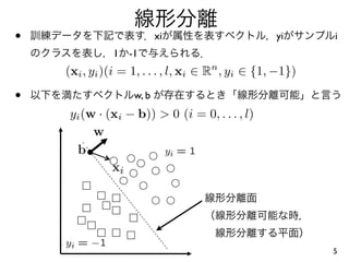 •                         xi                       yi      i
              1   -1
    (xi , yi )(i = 1, . . . , l, xi ∈ Rn , yi ∈ {1, −1})

•                  w, b
    yi (w · (xi − b)) > 0 (i = 0, . . . , l)




                                                           5
 