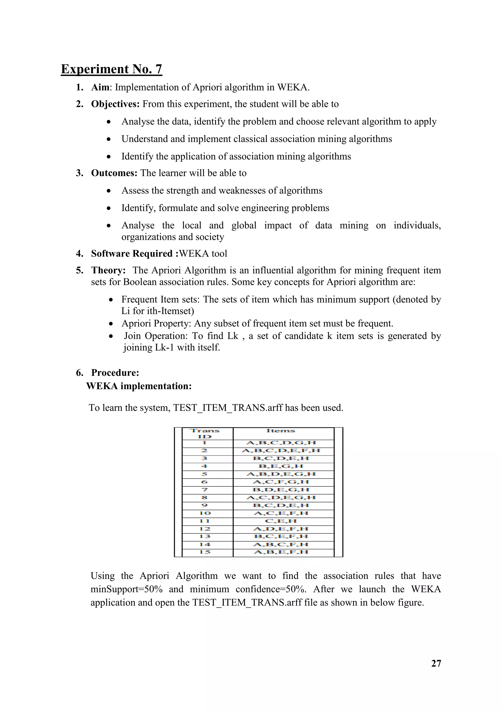 27
Experiment No. 7
1. Aim: Implementation of Apriori algorithm in WEKA.
2. Objectives: From this experiment, the student will be able to
 Analyse the data, identify the problem and choose relevant algorithm to apply
 Understand and implement classical association mining algorithms
 Identify the application of association mining algorithms
3. Outcomes: The learner will be able to
 Assess the strength and weaknesses of algorithms
 Identify, formulate and solve engineering problems
 Analyse the local and global impact of data mining on individuals,
organizations and society
4. Software Required :WEKA tool
5. Theory: The Apriori Algorithm is an influential algorithm for mining frequent item
sets for Boolean association rules. Some key concepts for Apriori algorithm are:
 Frequent Item sets: The sets of item which has minimum support (denoted by
Li for ith-Itemset)
 Apriori Property: Any subset of frequent item set must be frequent.
 Join Operation: To find Lk , a set of candidate k item sets is generated by
joining Lk-1 with itself.
6. Procedure:
WEKA implementation:
To learn the system, TEST_ITEM_TRANS.arff has been used.
Using the Apriori Algorithm we want to find the association rules that have
minSupport=50% and minimum confidence=50%. After we launch the WEKA
application and open the TEST_ITEM_TRANS.arff file as shown in below figure.
 