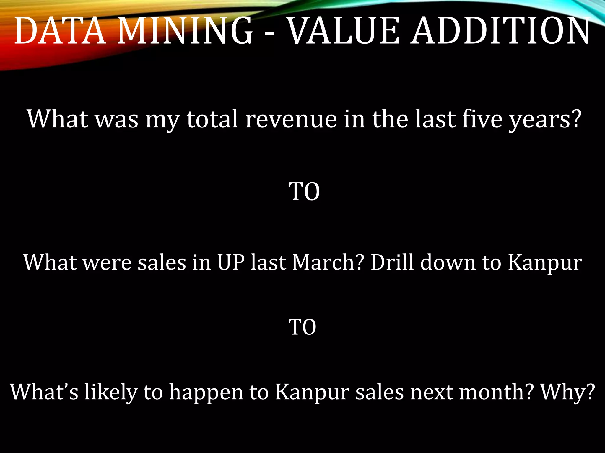 DATA MINING - VALUE ADDITION
What was my total revenue in the last five years?
TO
What were sales in UP last March? Drill down to Kanpur
TO
What’s likely to happen to Kanpur sales next month? Why?
 