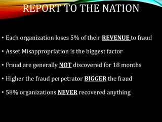 REPORT TO THE NATION
• Each organization loses 5% of their REVENUE to fraud
• Asset Misappropriation is the biggest factor
• Fraud are generally NOT discovered for 18 months
• Higher the fraud perpetrator BIGGER the fraud
• 58% organizations NEVER recovered anything
 