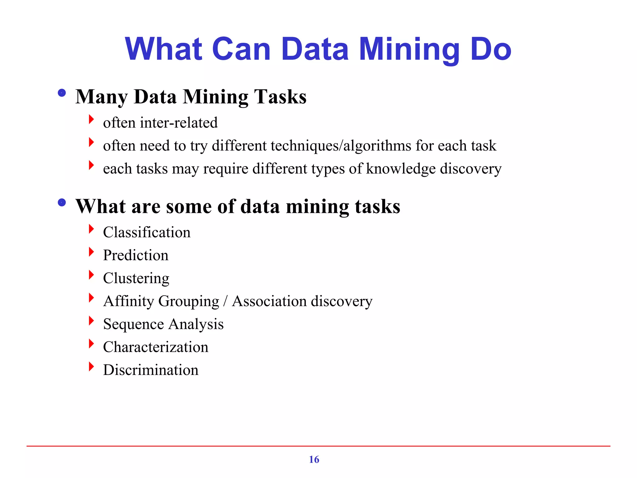 16
What Can Data Mining Do
Many Data Mining Tasks
 often inter-related
 often need to try different techniques/algorithms for each task
 each tasks may require different types of knowledge discovery
What are some of data mining tasks
 Classification
 Prediction
 Clustering
 Affinity Grouping / Association discovery
 Sequence Analysis
 Characterization
 Discrimination
 