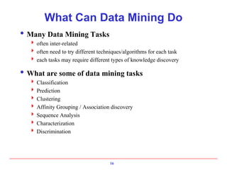 16
What Can Data Mining Do
Many Data Mining Tasks
 often inter-related
 often need to try different techniques/algorithms for each task
 each tasks may require different types of knowledge discovery
What are some of data mining tasks
 Classification
 Prediction
 Clustering
 Affinity Grouping / Association discovery
 Sequence Analysis
 Characterization
 Discrimination
 