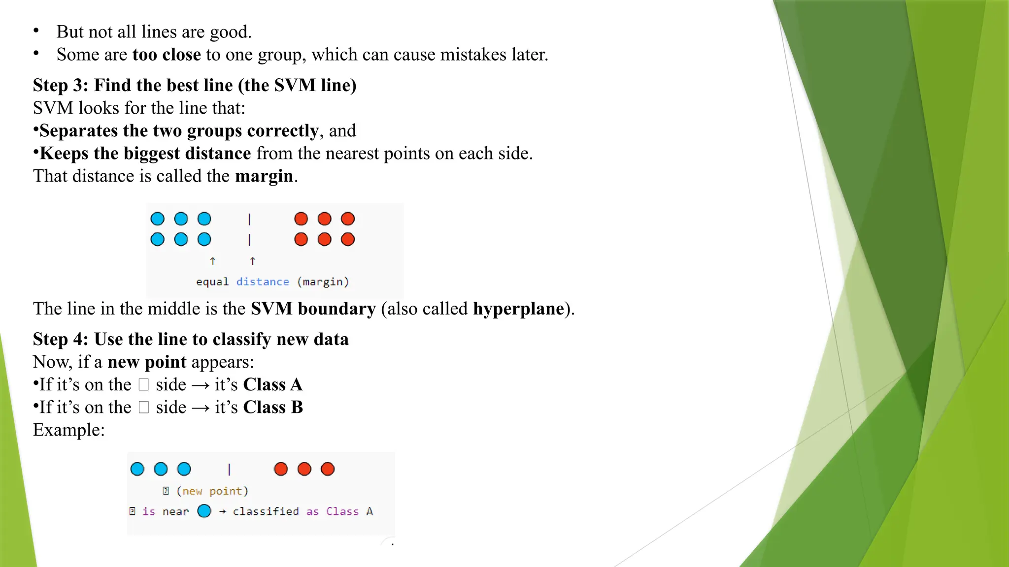 • But not all lines are good. • Some are too close to one group, which can cause mistakes later. Step 3: Find the best line (the SVM line) SVM looks for the line that: •Separates the two groups correctly, and •Keeps the biggest distance from the nearest points on each side. That distance is called the margin. The line in the middle is the SVM boundary (also called hyperplane). Step 4: Use the line to classify new data Now, if a new point appears: •If it’s on the 🔵 side → it’s Class A •If it’s on the 🔴 side → it’s Class B Example: 