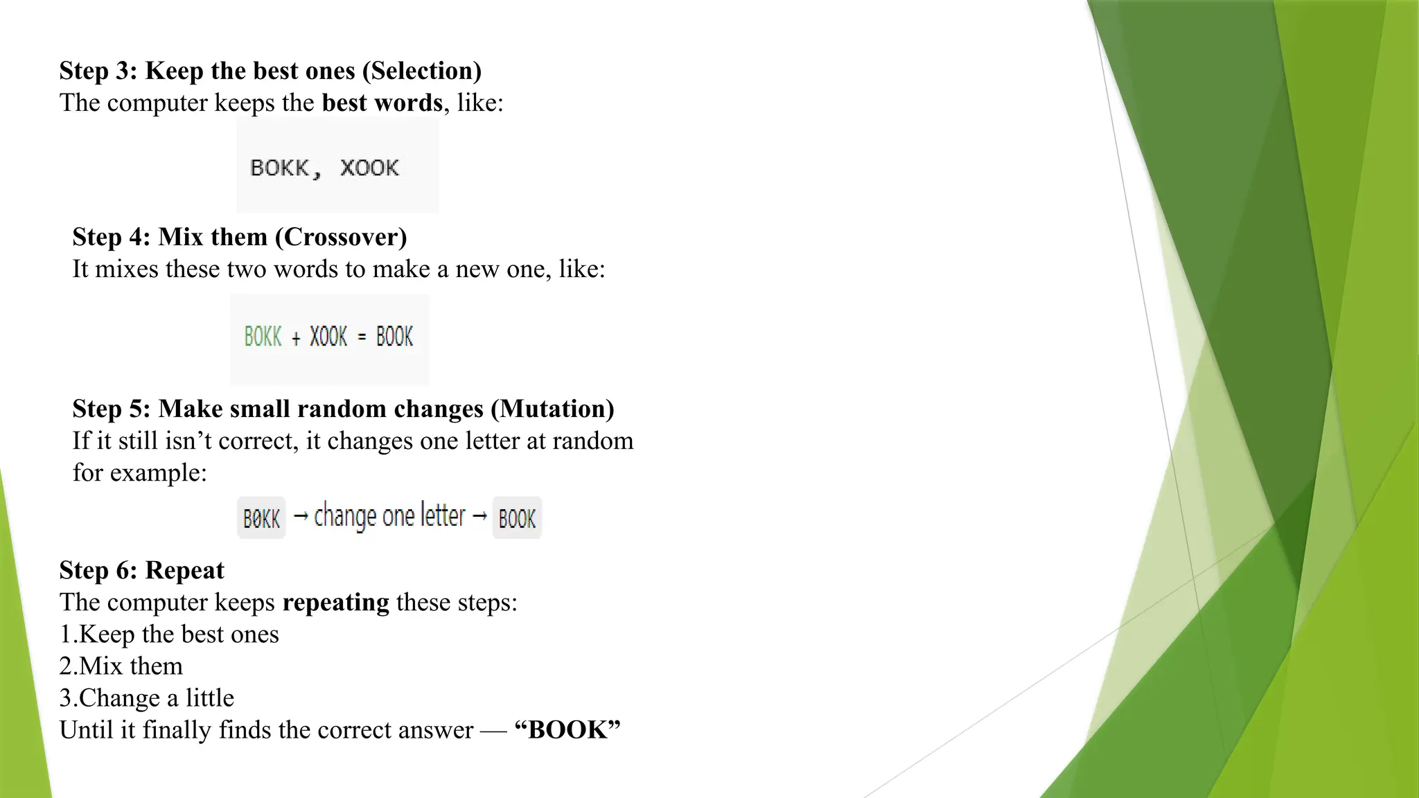 Step 3: Keep the best ones (Selection) The computer keeps the best words, like: Step 4: Mix them (Crossover) It mixes these two words to make a new one, like: Step 5: Make small random changes (Mutation) If it still isn’t correct, it changes one letter at random for example: Step 6: Repeat The computer keeps repeating these steps: 1.Keep the best ones 2.Mix them 3.Change a little Until it finally finds the correct answer — “BOOK” 