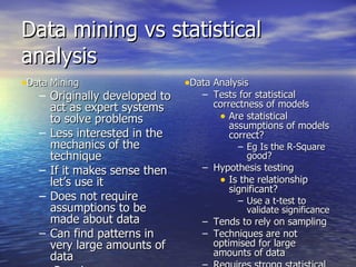 Data mining vs statistical  analysis Data Mining Originally developed to act as expert systems to solve problems Less interested in the mechanics of the technique If it makes sense then let’s use it Does not require assumptions to be made about data Can find patterns in very large amounts of data Requires understanding of data and business problem Data Analysis Tests for statistical correctness of models Are statistical assumptions of models correct? Eg Is the R-Square good? Hypothesis testing Is the relationship significant? Use a t-test to validate significance Tends to rely on sampling Techniques are not optimised for large amounts of data Requires strong statistical skills 