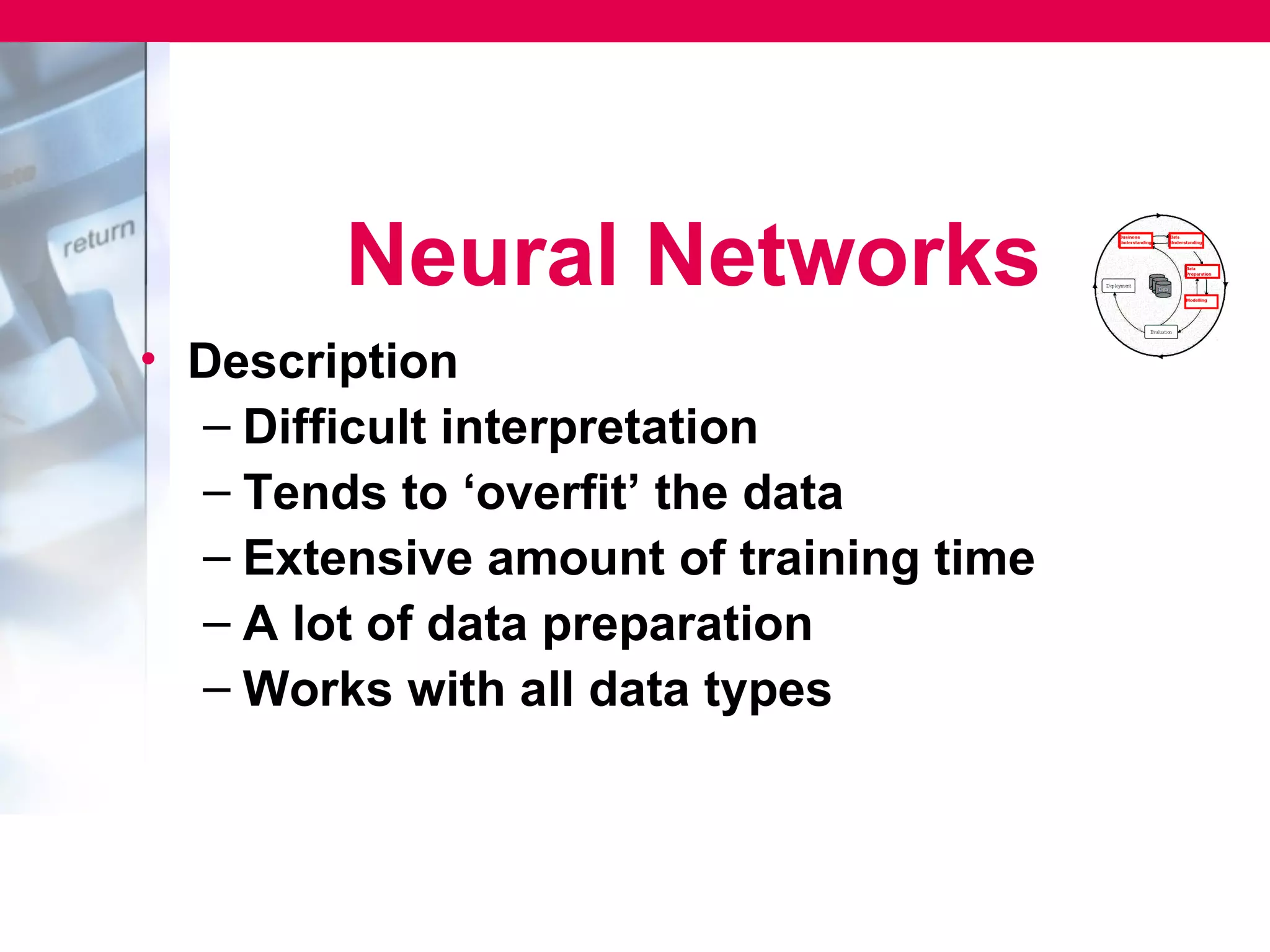 Neural Networks
• Description
  – Difficult interpretation
  – Tends to ‘overfit’ the data
  – Extensive amount of training time
  – A lot of data preparation
  – Works with all data types
 