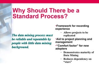 Why Should There be a
Standard Process?
                               •Framework for recording
                               experience
                                   – Allows projects to be
The data mining process must         replicated
be reliable and repeatable by •Aid to project planning and
people with little data mining management
                               •“Comfort factor” for new
background.                    adopters
                                   – Demonstrates maturity of
                                     Data Mining
                                   – Reduces dependency on
                                     “stars”
 