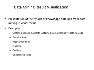 Data Mining Result Visualization
• Presentation of the results or knowledge obtained from data
mining in visual forms
• Examples
– Scatter plots and boxplots (obtained from descriptive data mining)
– Decision trees
– Association rules
– Clusters
– Outliers
– Generalized rules
 