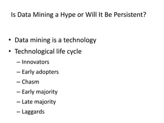 Is Data Mining a Hype or Will It Be Persistent?
• Data mining is a technology
• Technological life cycle
– Innovators
– Early adopters
– Chasm
– Early majority
– Late majority
– Laggards
 