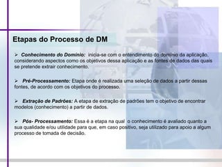 Etapas do Processo de DM
 Conhecimento do Domínio: inicia-se com o entendimento do domínio da aplicação,
considerando aspectos como os objetivos dessa aplicação e as fontes de dados das quais
se pretende extrair conhecimento.
 Pré-Processamento: Etapa onde é realizada uma seleção de dados a partir dessas
fontes, de acordo com os objetivos do processo.
 Extração de Padrões: A etapa de extração de padrões tem o objetivo de encontrar
modelos (conhecimento) a partir de dados.
 Pós- Processamento: Essa é a etapa na qual o conhecimento é avaliado quanto a
sua qualidade e/ou utilidade para que, em caso positivo, seja utilizado para apoio a algum
processo de tomada de decisão.
 