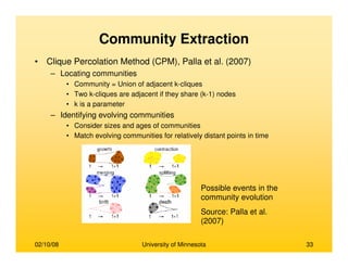 02/10/08 University of Minnesota 33
Community Extraction
• Clique Percolation Method (CPM), Palla et al. (2007)
– Locating communities
• Community = Union of adjacent k-cliques
• Two k-cliques are adjacent if they share (k-1) nodes
• k is a parameter
– Identifying evolving communities
• Consider sizes and ages of communities
• Match evolving communities for relatively distant points in time
Possible events in the
community evolution
Source: Palla et al.
(2007)
 