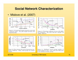 02/10/08 University of Minnesota 70
Social Network Characterization
• Mislove et al. (2007)
 