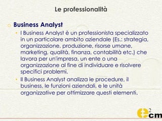 Le professionalità
o Business Analyst
• l Business Analyst è un professionista specializzato
in un particolare ambito aziendale (Es.: strategia,
organizzazione, produzione, risorse umane,
marketing, qualità, finanza, contabilità etc.) che
lavora per un'impresa, un ente o una
organizzazione al fine di individuare e risolvere
specifici problemi.
• Il Business Analyst analizza le procedure, il
business, le funzioni aziendali, e le unità
organizzative per ottimizzare questi elementi.
 