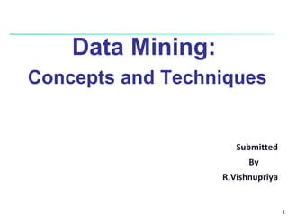 1
Data Mining:
Concepts and Techniques
Submitted
By
R.Vishnupriya
 
