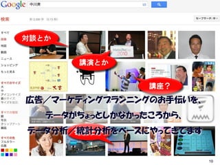 パネリスト氏名

          パネリスト経歴サマリーメッセージ
  対談とか
 ◆項目：
             講演とか
  ｘｘｘｘ
                       講座？
 ◆項目：
   広告／マーケティングプランニングのお手伝いを、
  ｘｘｘｘ
         データがちょっとしかなかったころから、
   データ分析／統計分析をベースにやってきてます
            図・表等
         寄稿とか


                               10
 