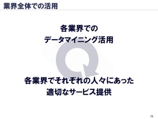 業界全体での活用


       各業界での
     データマイニング活用




   各業界でそれぞれの人々にあった
      適切なサービス提供

                     19
 