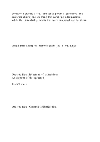 consider a grocery store. The set of products purchased by a
customer during one shopping trip constitute a transaction,
while the individual products that were purchased are the items.
Graph Data Examples: Generic graph and HTML Links
Ordered Data Sequences of transactions
An element of the sequence
Items/Events
Ordered Data Genomic sequence data
 